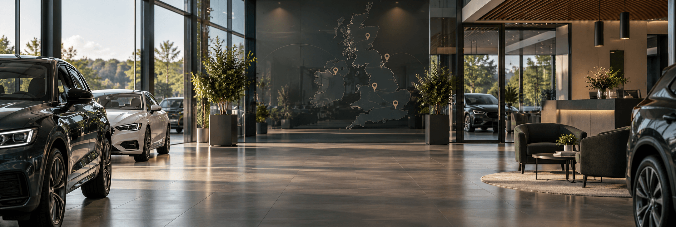 Independent car dealership showroom with a map of the UK