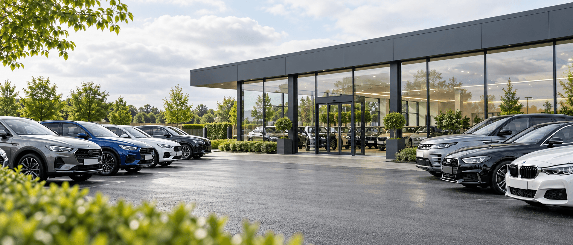 Cars outside a modern independent dealership